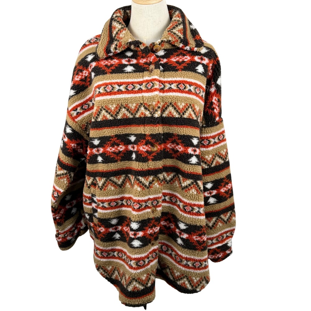 Oversized L Multicolor Southwestern Aztec Sherpa Jacket Shirt Shacket Tribal